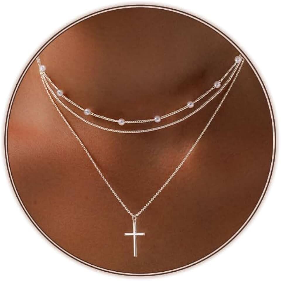Airmb Cross Necklace for Women Gold/Silver Plated Layered Dainty Cross Chain Trendy Choker Satellite Charm Small Crucifix Pendant Gold/Silver Necklace Stackable Hypoallergenic Delicate Gift for Women
