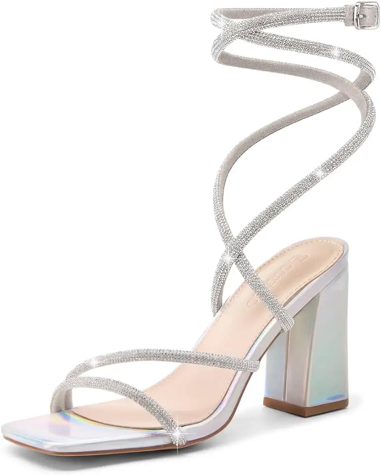 Coutgo Womens Lace Up Chunky Heels Rhinestone Sandals Square Open Toe High Block Heeled Wedding Dress Shoes