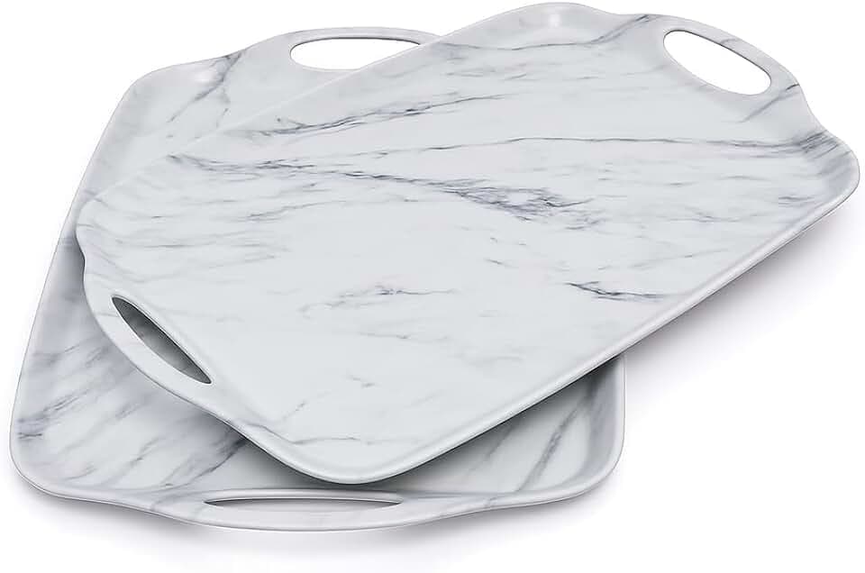 TP Melamine Serving Trays with Handles, 19" x 12", Set of 2, White Marble