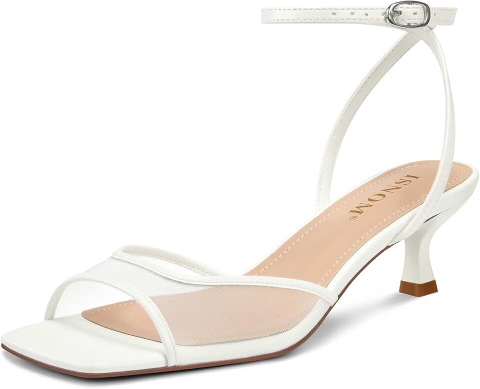 ISNOM Women's Mesh Square Toe Kitten Heel Sandals Ankle Strap Dress Shoes