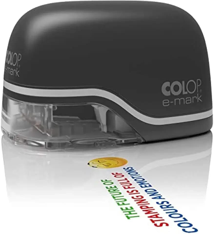 COLOP e-Mark schwarz. Mobiler Hand-Drucker und Beschriftungsgerät für Profis. Mehrfarbige Abdrucke, mit kostenloser App. Datums-, Uhrzeit- und Nummerierungsgenerator.