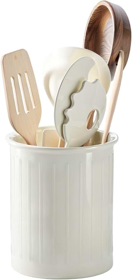 PAVSTINE Küchenutensilienhalter Keramik für Küchentheke, 13,4 x 11 cm | Utensilienhalter Küche, Relief Besteckhalter für Küche, Arbeitsplatte Aufbewahrung, Glänzend Glasierte Oberfläche, Weiß