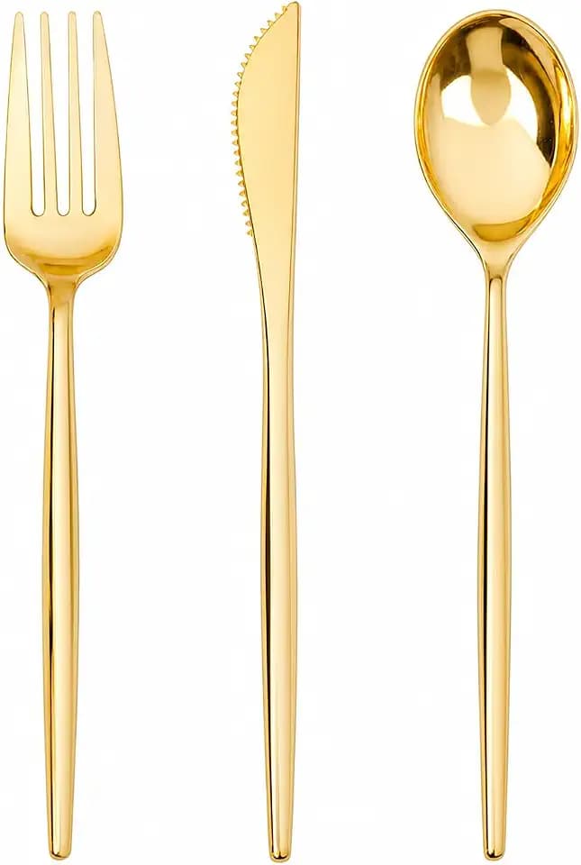 SUT 150 Piece Gold Plastic Silverware, Heavy Duty Disposable Utensils