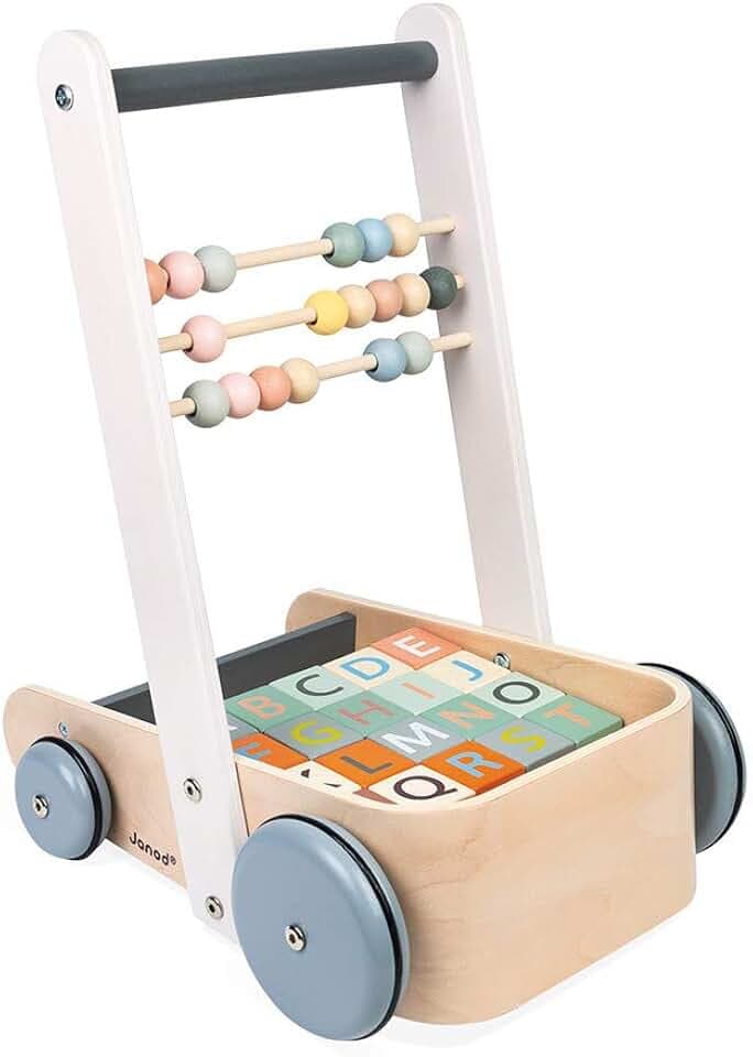 Janod - Sweet Cocoon ABC Buggy - Baby Lauflernwagen aus Holz mit 20 Alphabet Bausteinen mit Zahlen + Abakus - Farben auf Wasserbasis - Ab 1 Jahr, J04408