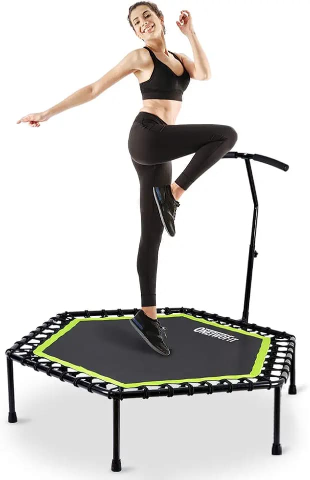 ONETWOFIT Fitness-Trampolin mit höhenverstellbarem Haltegriff, leise Gummiseilfederung, Trampolin Training wie im Fitness-Studio Trainer Workout für Erwachsene