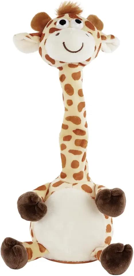 Idena 40362 - Plappertier Giraffe, ca. 32 cm, Plüschtier spricht alles in witziger Stimme nach und bewegt dabei den Hals, batteriebetrieben (Batterien nicht enthalten), Gelb-braun