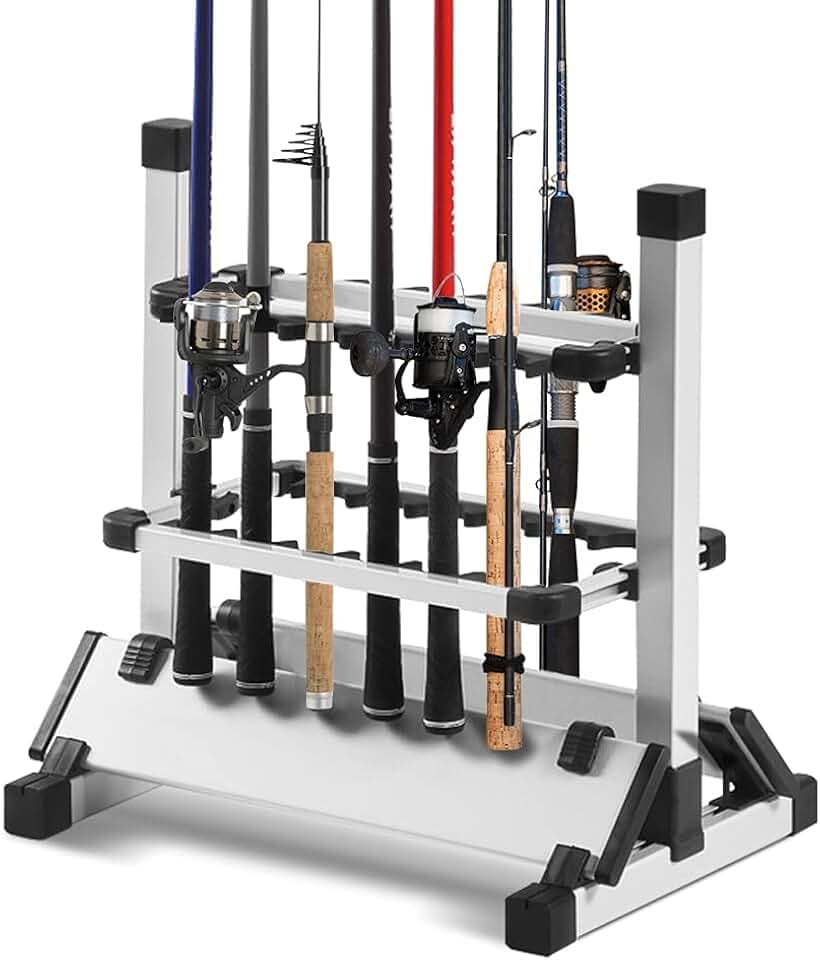 Wakects Leichter Angelrutenständer, Fishing Rod Storage Rack für 12 Ruten, 44,5 x 50 x 32,5 cm, Schwarz + Silber