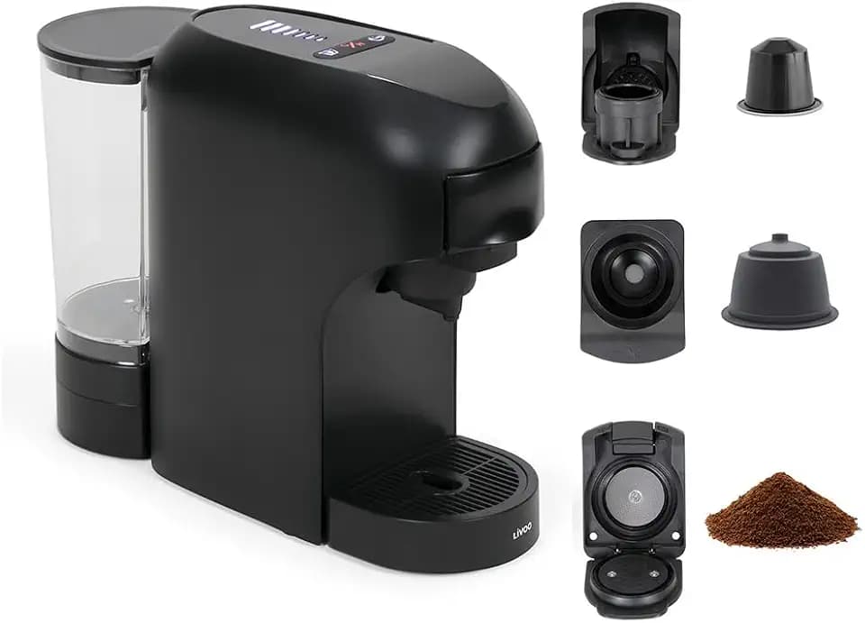 Livoo - 4-in-1-Kaffeemaschine mit mehreren Kapseln DOD217C – 1400 W, 20 bar, 7 Lautstärkestufen, Nespresso®*, Dolce Gusto®*, Kaffeepads Typ Senseo** und gemahlener Kaffee