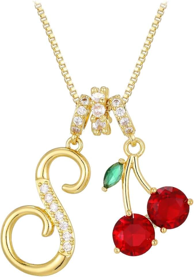 LIU JUN Gold Initial Necklace With Cherry Pendant For Women, 14K Gold-Plated Letter A-Z Cute Fruit Alphabet Round Cubic Zirconia Charm Box Chain Personalized Name Statement Gift Jewelry