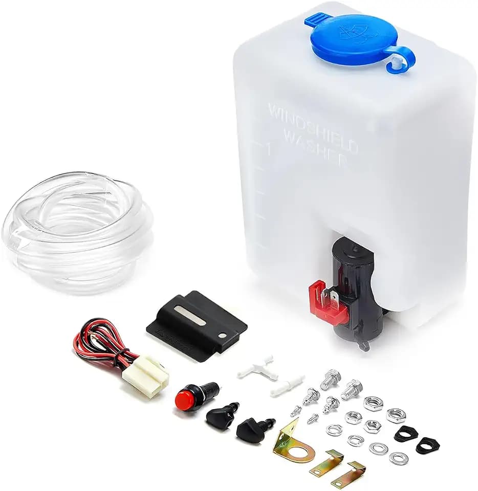 Windshield Washer Pump Reservoir Kit, Windscreen Fluid Reservoir Bottle with Pump Jet Button Switch Nozzle, 12V Universal Car Windshield Washer Bottle Pump Tank Kit