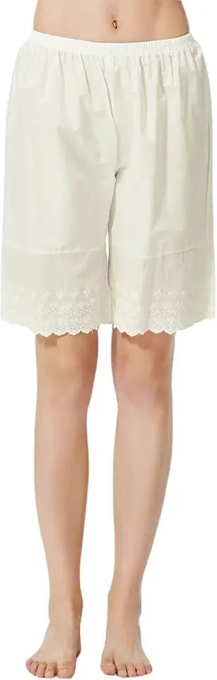 Women Cotton Pettipants for Under Dress Lace Embroidery Victorian Pajama Pants Elastic Waistline Ivory Beige