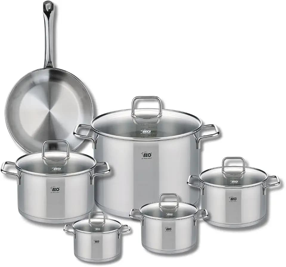 ELO 9695250 Kochgeschirr-Set, 6-teilig, 1 Bratpfanne 24 cm und 5 Kochtöpfe 12, 14, 16, 20 und 26 cm, Elo Profi, Citrin, Edelstahl, Induktion