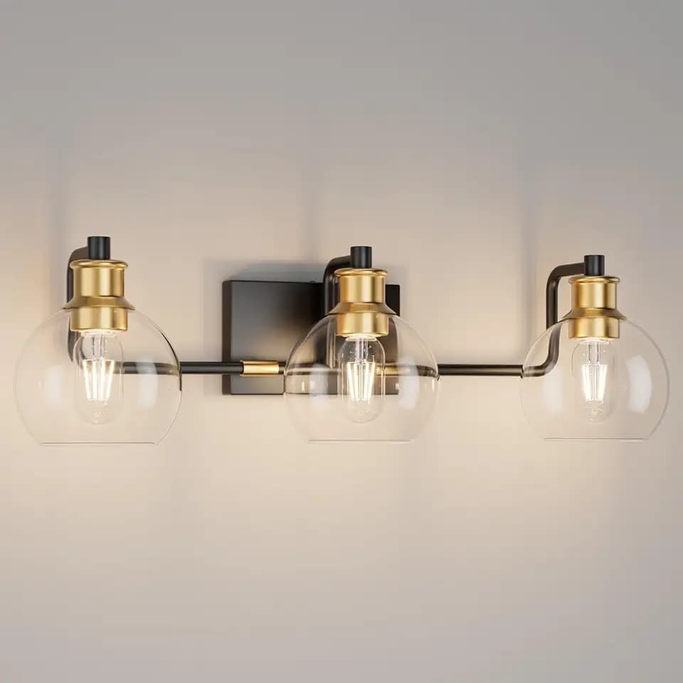 Tipace Black & Gold Vintage Bathroom Vanity Light Fixtures Over Mirror Glass Globe 3 Lights Industrial Vanity Lights Farmhouse Bath Lighting(Exclude Bulb)