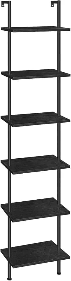 HOOBRO DIY-Leiterregal, 6-stöckiges wandmontiertes Bücherregal, Schmales Bücherregal, Ausstellungsregal, Lagerregal, Pflanzenständer, für Wohnzimmer, Arbeitszimmer, Schwarz EBB651CJ01