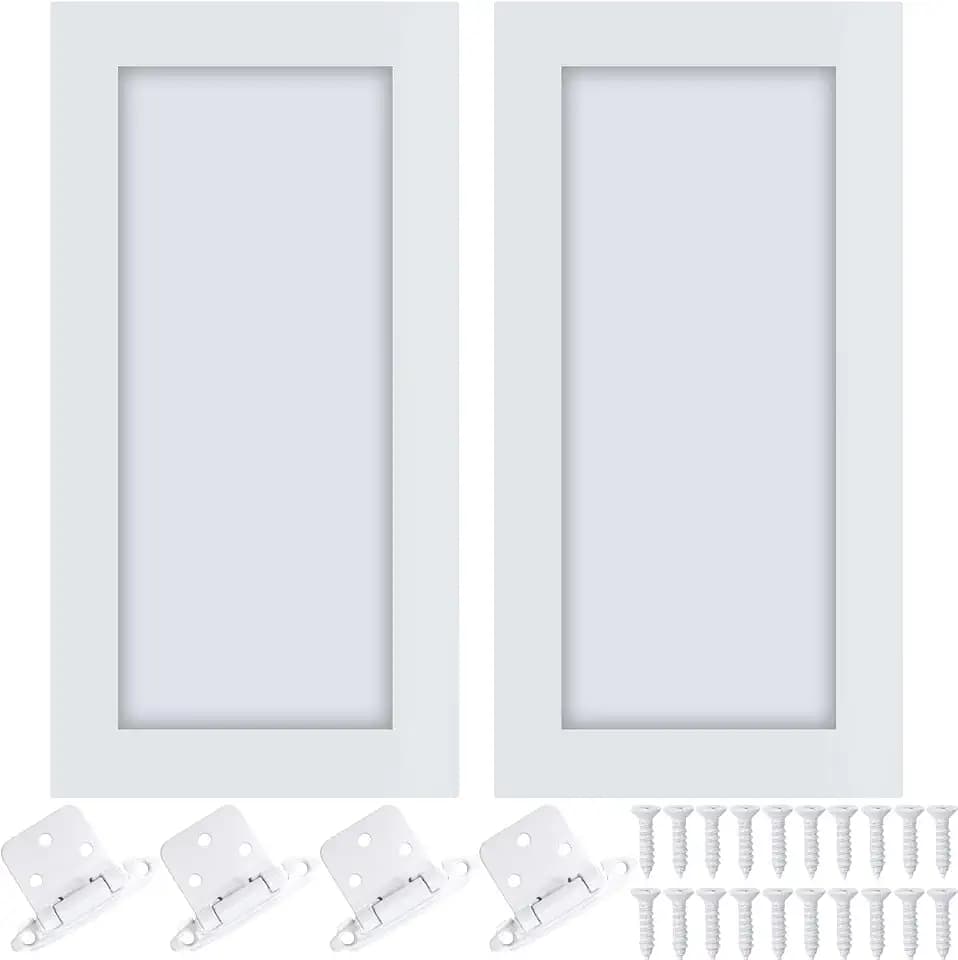 Cinnvoice 2 Pcs Pine Kitchen Cabinet Door Replacement with 4 Pcs Cabinet Hinges Wood Shaker Door Front Replacement for Kitchen, Bathroom, Vanity(White,12" W X 24" H)