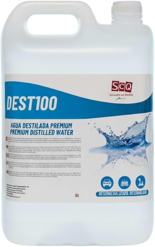 Destilliertes Wasser, 100 % rein, 5 l, ideal für Batterien, Bügeleisen, Luftbefeuchter, Reinigung, Motoren, CPap, Labore, demineralisiertes Wasser, entionisiertes Wasser. Leitfähigkeit weniger als 1