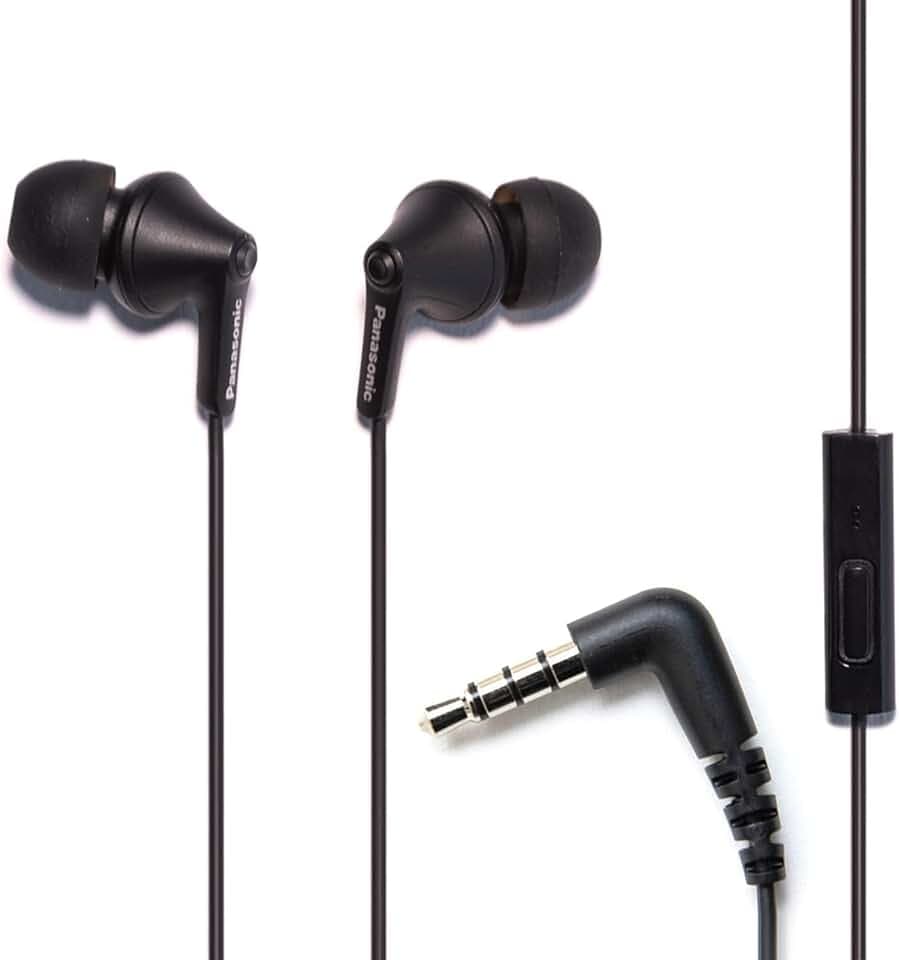 Panasonic ErgoFit Wired Earbuds with Microphone, 3.5mm Jack Wired Headphones with Mic and Call Controller, Ergonomic Custom-Fit Earpieces (S/M/L), for Phones and Laptops - RP-TCM125-KA (Matte Black)