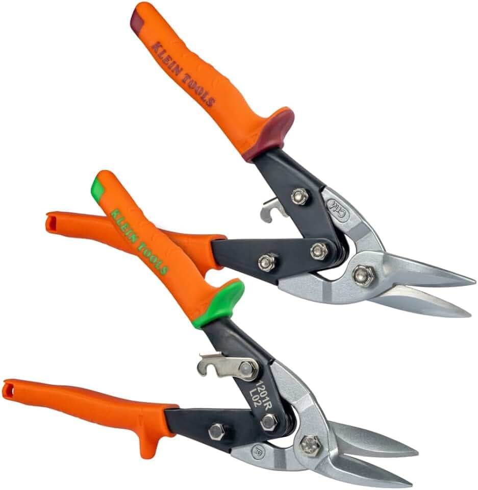 Klein Tools 80198 Aviation Snips Kit, Left and Right Metal Shears Set, 18 Gauge Steel Cutting, Serrated Blades, Self-Open Lock, Professional Tin Snips