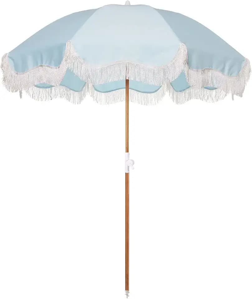 Business & Pleasure Co. Holiday Umbrella - Boho Beach Umbrella with White Fringe, UPF 50+, 1" Tilting Wood Pole, 5’ x 6.5’, Santorini Blue
