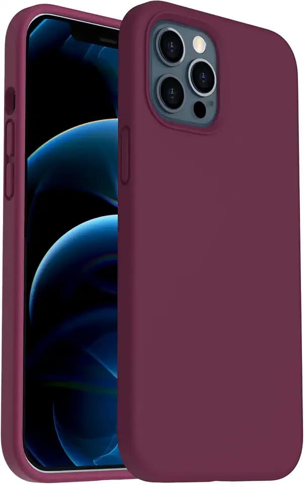 ORNARTO Silikon Hülle kompatibel mit iPhone 12 Pro Max Case 6,7, Verstärkte Stoßfeste Flüssige Silikon Gel Gummi Ganzkörper Schutz Stoßstange Abdeckungs Handyhülle Schutzhülle Weinrot