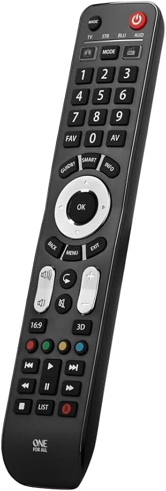 One for All for All Evolve 4 Universal Fernbedienung - Steuerung von 4 Endgeräten TV/Set Top Box/Blu-ray/Audio- Funktioniert garantiert mit Allen Herstellermarken – URC7145, Schwarz