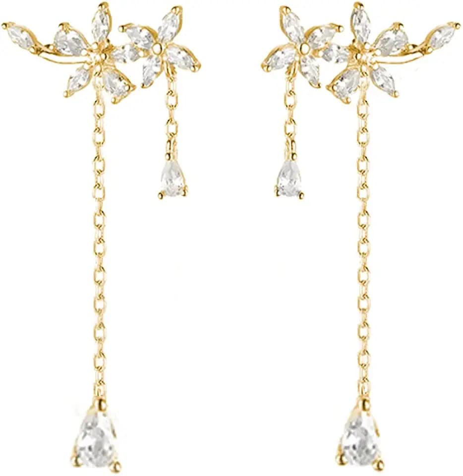 SLUYNZ 925 Sterling Silver Dainty CZ Flowers Wrap Earrings Dangle Chain for Women Elegant Dangling Earrings Bridal Earrings Wedding Engagement Drop Earrings Prom Engagement Party Jewelry