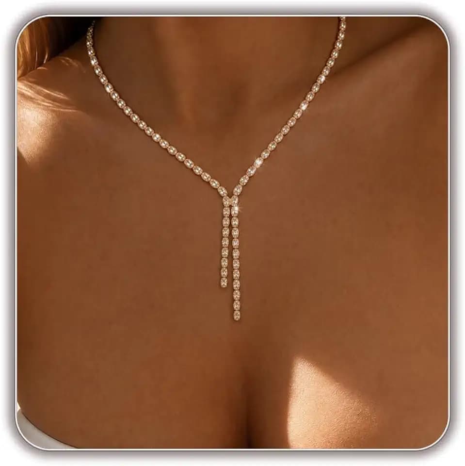 STONEFANS Long Tennis Necklaces for Women - Dainty Silver Lariat Necklace Rhinestone Y Shaped Drop Necklace Cute Choker Necklaces for Women Trendy Silver Prom Jewelry Gifts