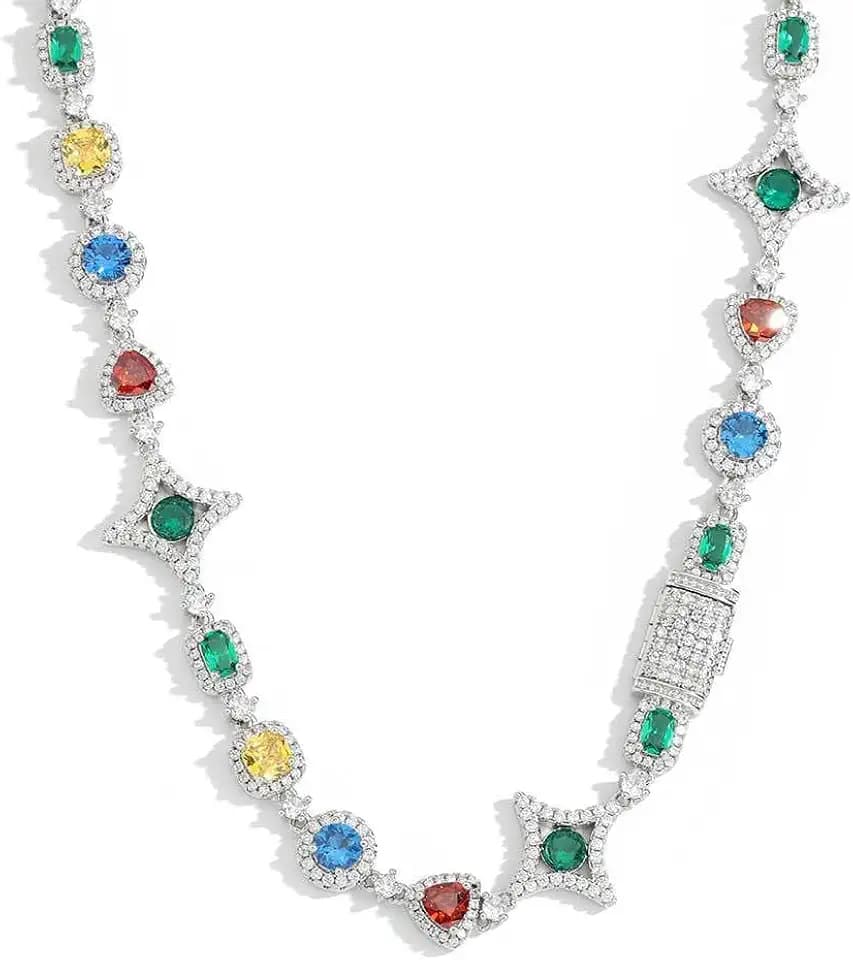 Tears of the Rainbow Hip-Hop Alloy Zirconia Necklace for Men & Women, Colorful Gemstone Statement Jewelry, Unique Urban Style Chain for Streetwear, Unisex Bold Design Gift Necklace for Men