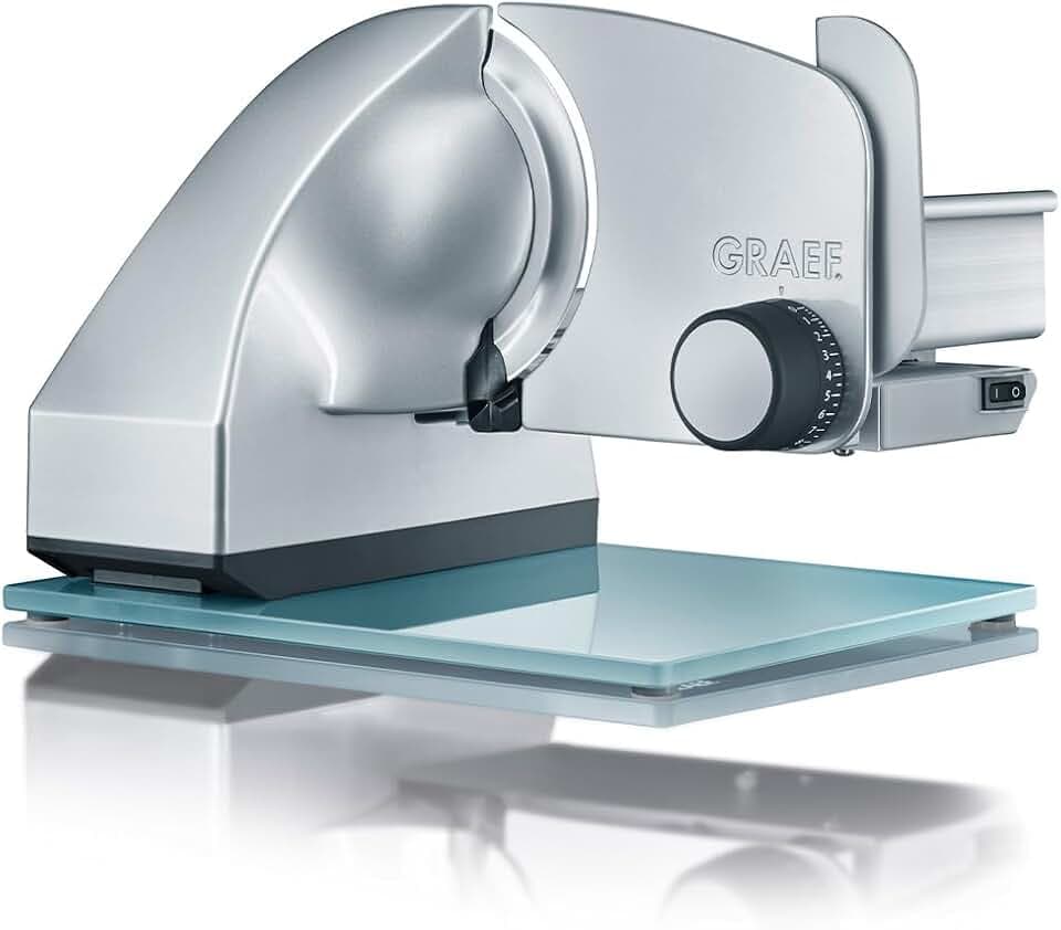 GRAEF Allesschneider MASTER M80 silber, glattes Edelstahlmesser Ø 170 mm, neigbar bis 30°, Dauerfunktion, stufenloser Schnittstärkeneinstellung, Vollmetallgehäuse, Glasbodenplatte, einfache Reinigung