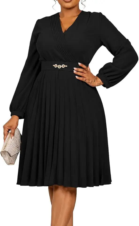 INR Midi Dress for Women Pleated Skirt V Neck Casual Elegant Church Dress