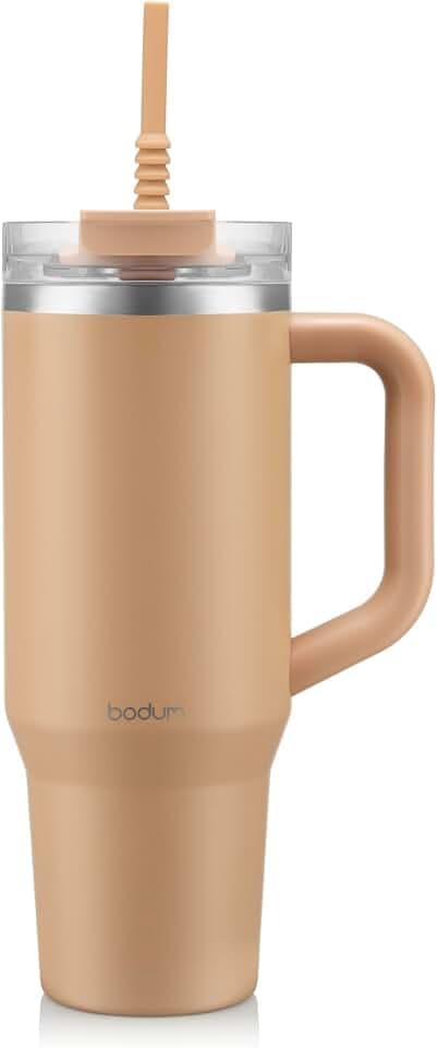 Bodum Travel Mug Tumbler 1.2 L Biscuit Beige - Metal Water Bottle with Straw, Handle and Lid - Dishwasher Safe - For Cold Drinks and Warm Coffee