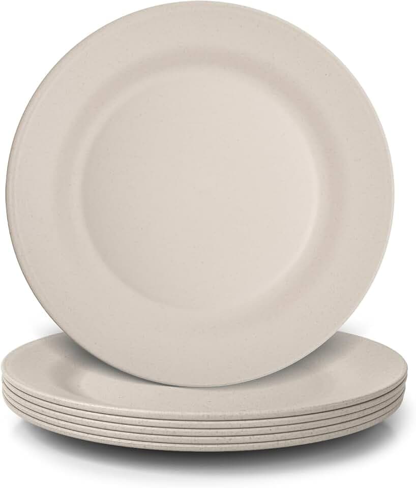 Teller Set, 6Teilig 25cm Speiseteller Bruchfest, Plastik Essteller Mehrweg, Camping Teller Anti-Fallen, Leicht, Kunststoff BPA-Frei Mikrowellenfest Spülmaschinenfest, Beige