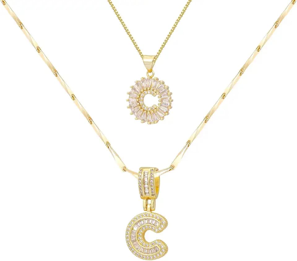 2PCS Initial Necklaces for Women, 14K Gold Plated Letter Necklace Set