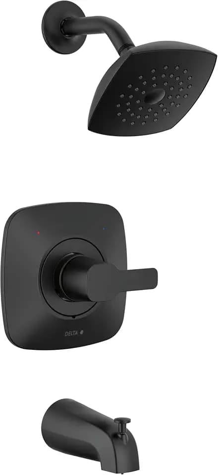 Delta Faucet Modern 14 Series Matte Black Shower Faucet, Tub and Shower Trim Kit with Single-Spray Touch-Clean Black Shower Head, Matte Black T144339-BL-PP (Valve Not Included)