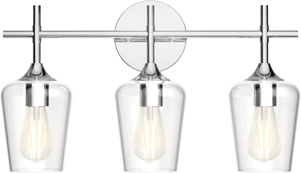 Ralbay Vintage 3 Light Vanity Light Fixture Industrial Chrome Bathroom Light Fixtures Over Mirror Clear Glass Chrome Vanity Light for Bathroom Wall Lighting Fixtures Over Mirror