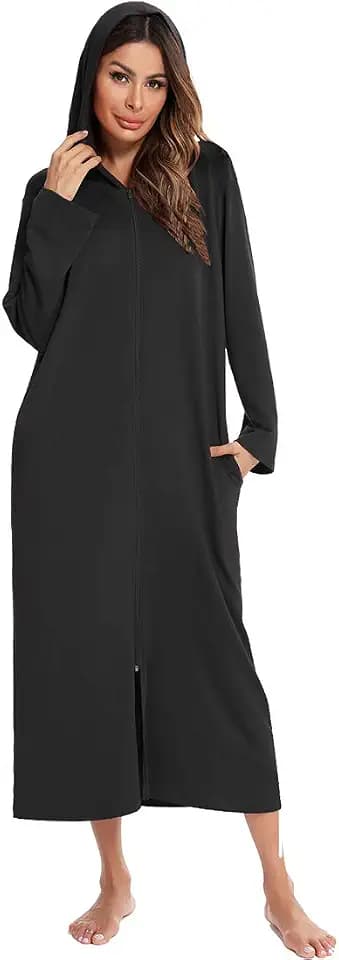 Dreamskull Bademantel mit Kapuze und Reißverschluss, für Damen und Damen, langärmelig, Nachthemd, Taschen, volle Länge, Hausmantel für den Winter