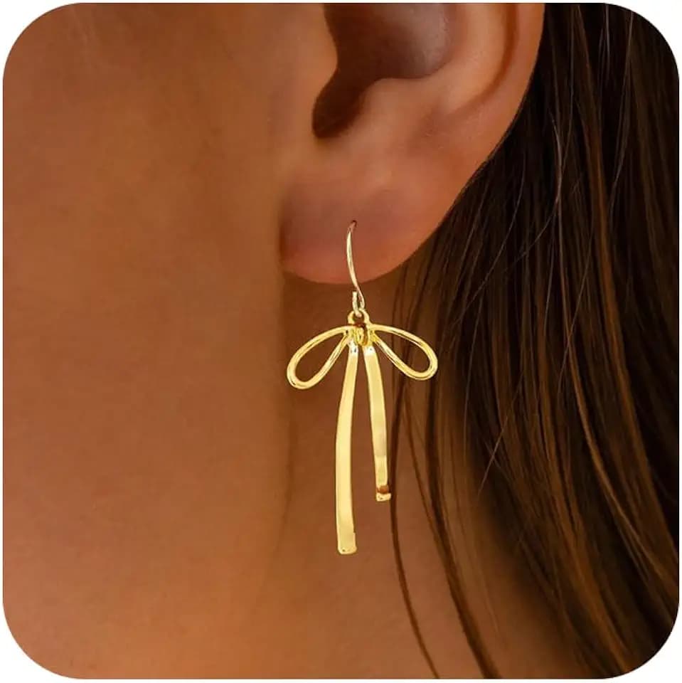 Gold Bow Earrings for Women Trendy, Cute Bow Stud Earring 14k Gold Plated Dainty Ribbon Drop Dangle Earrings Gold Earrings Sparkly Christmas Earrings for Women Jewelry Gift