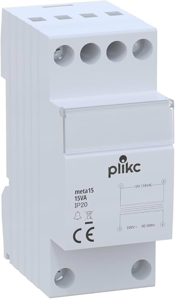 Plikc Meta 15 Klingeltransformator, Installation mit DIN-Stange für diskontinuierlichen Betrieb, Primärspannung 230 V, Sekundärspannung 12 V, Leistung 15 VA