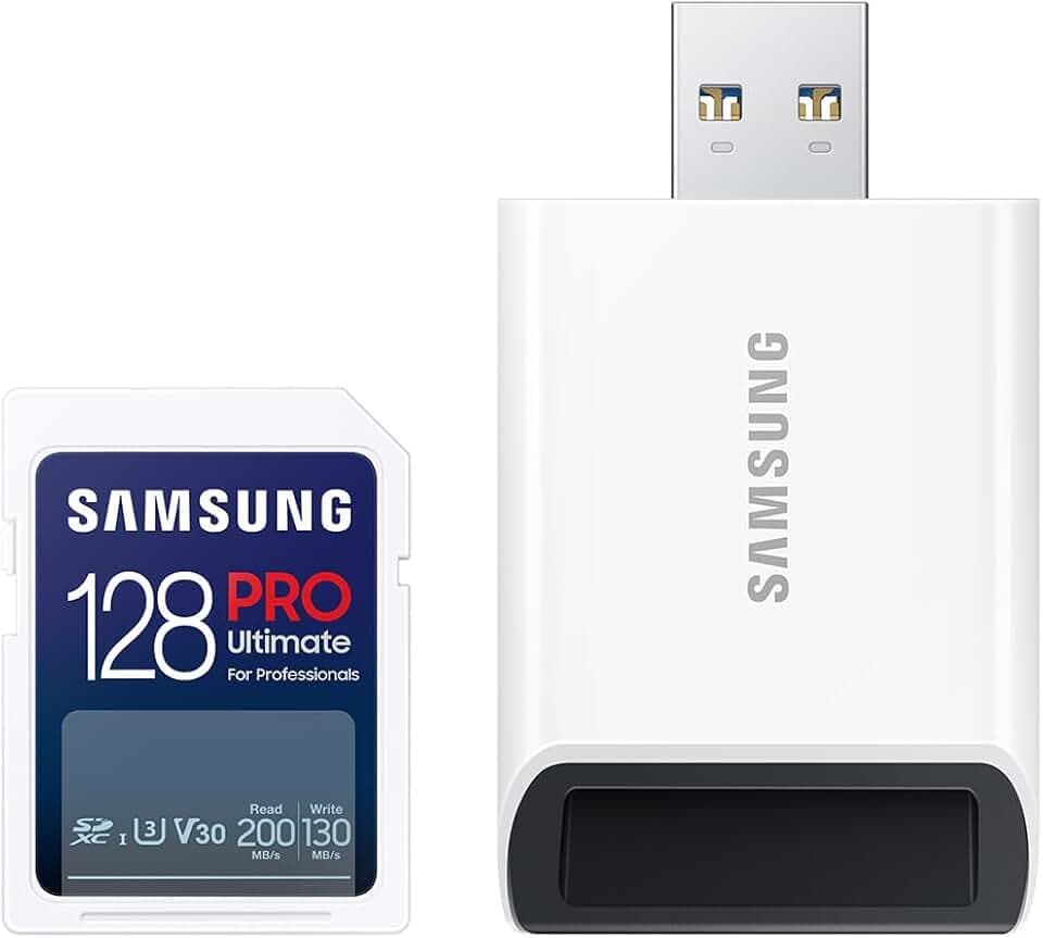 Samsung PRO Ultimate SD-Karte, 128 GB, UHS-I U3, Full HD & 4K UHD, 200 MB/s Lesen, 130 MB/s Schreiben, Speicherkarte für Kamera, PC, Drohne oder Action-Cam, Inkl. USB-Kartenleser, MB-SY128SB/WW