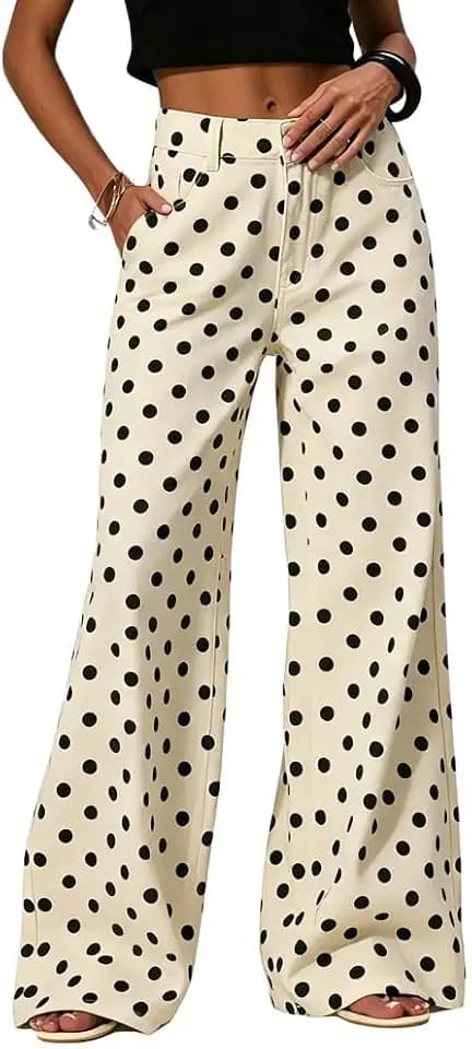 Pivanzore Y2K Polka Dot Jeans Women Vintage Stretch Wide Leg Denim Pants Casual Distressed Baggy Boyfriend Jeans with Pockets