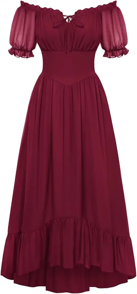 SCARLET DARKNESS Damen Renaissance A-Linie Kleid Schulterfrei Langarm Gesmokte Taille Gestreifte Lange Maxikleider mit Taschen