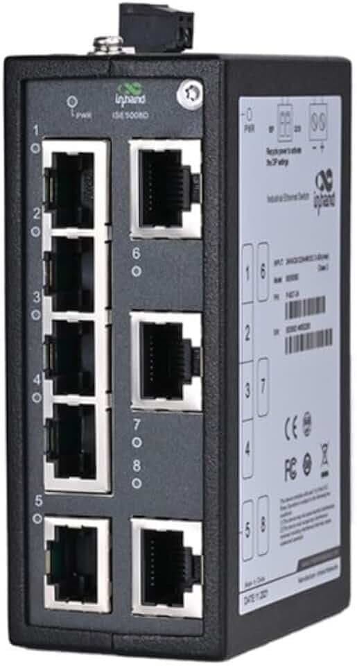 InHand Networks Industrieller Ethernet Switch 8 Port Gigabit, Unmanaged, DIN-Schiene, Lüfterlos, IP30 Metallgehäuse, Redundante Stromversorgung, QoS für IoT, Automatisierung & Heimnetzwerk