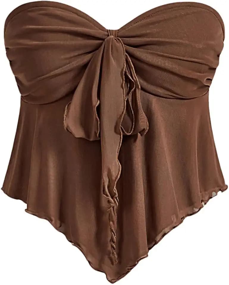 SHENHE Women's Strapless Tie Front Babydoll Top Flare Tube Going Out Top