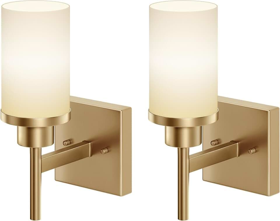 Vanity Lighting Fixtures with White Frosted Glass Shade, Champagne Bronze Wall Lamps for Bathroom Mirror Bedroom Living Room Porch, 2 Pack T001CPG-L1-P2