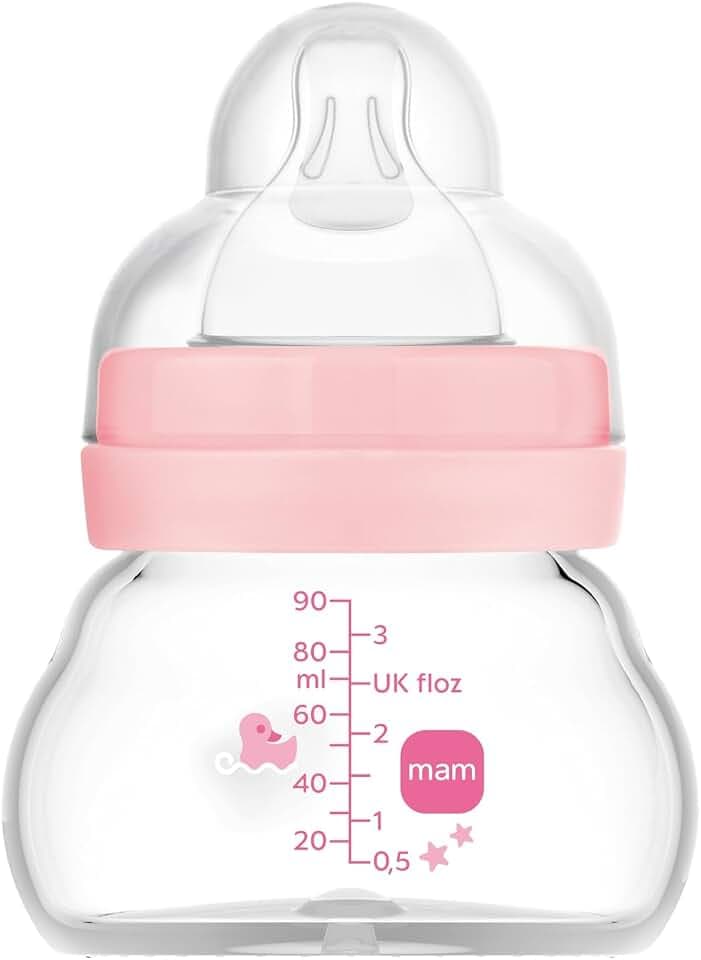 MAM Glasflasche, für Neugeborene, 0 Monate, 90 ml, mit Sauger 0, extra langsamer Fluss aus Silikon, leicht anzunehmen, leicht zu reinigen, Feel Good, Rosa, 1 Stück