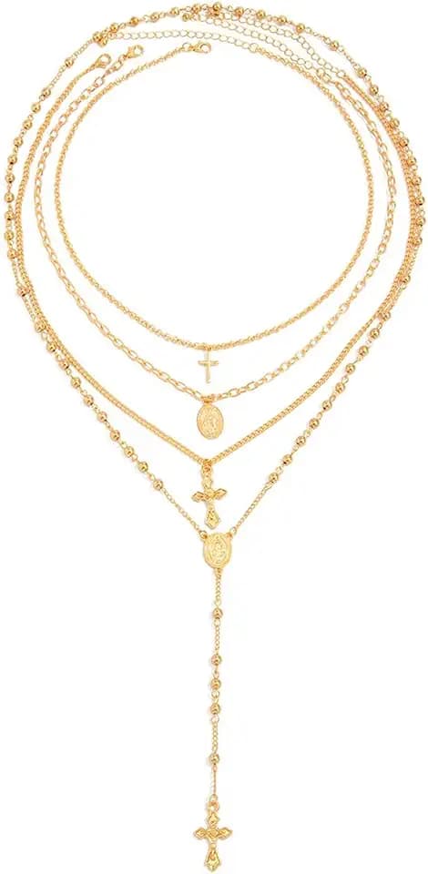 FUTIMELY Gold Layered Cross Necklace,Vintage Rosary Bead Virgin Mary Necklaces for Women,Stackable Long Cross Necklace Catholic Gift