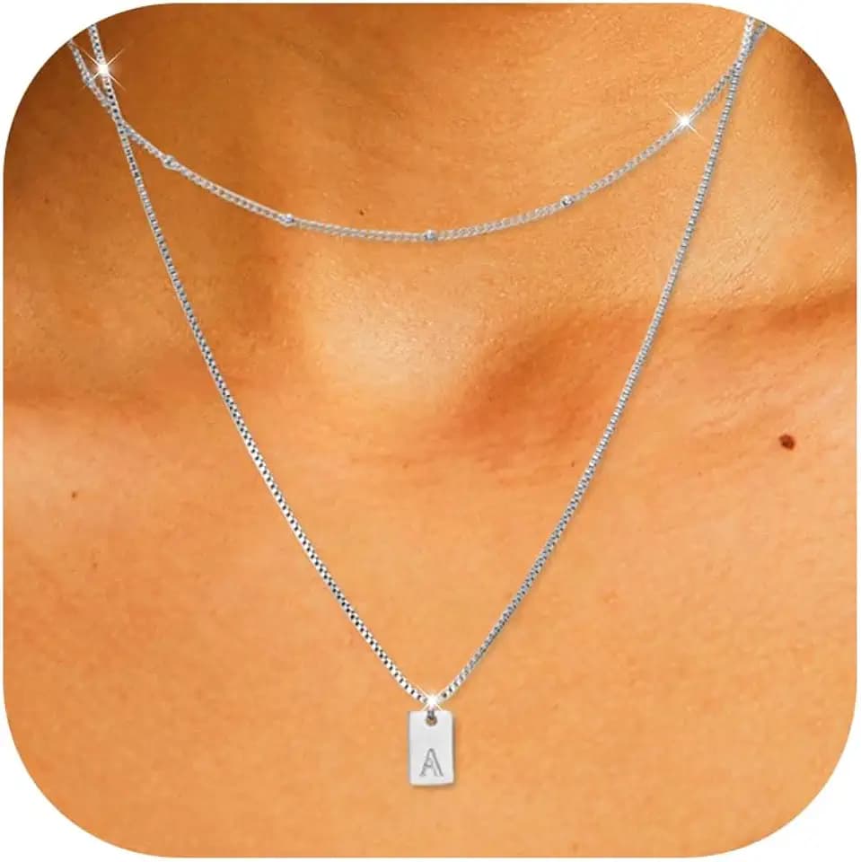 SKQIR Initial Necklace for Women Gold Plated Layered Letter A-Z Name Pendant Necklace Choker Silver Chain Tiny Dainty Initial Monogram Alphabets Tag Charm Trendy Jewelry Gift for Women