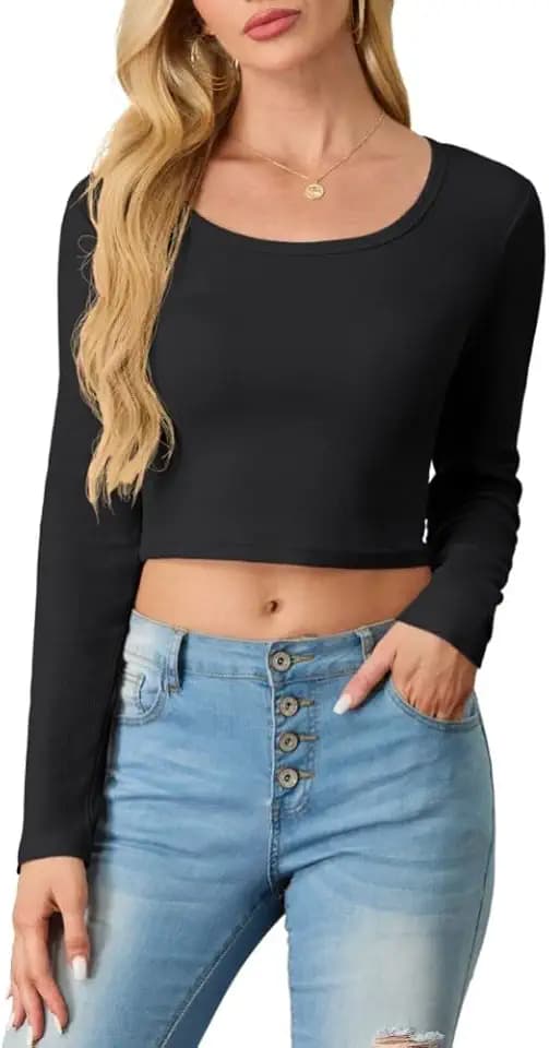 PrinStory Damen Crop Tops Basic Langarmshirt T-Shirt Slim Fit Baumwolle Oberteile Casual Langarm Pullover