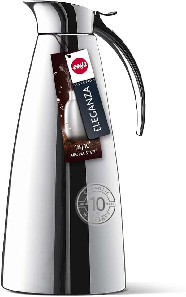 Emsa Eleganza Isolierkanne Edelstahl 1l, Thermoskanne mit Easy Open Verschluss, lange Wärmespeicherung, 12h heiß, 24h kalt, silber, spülmaschinengeeignet, doppelwandig, 502489