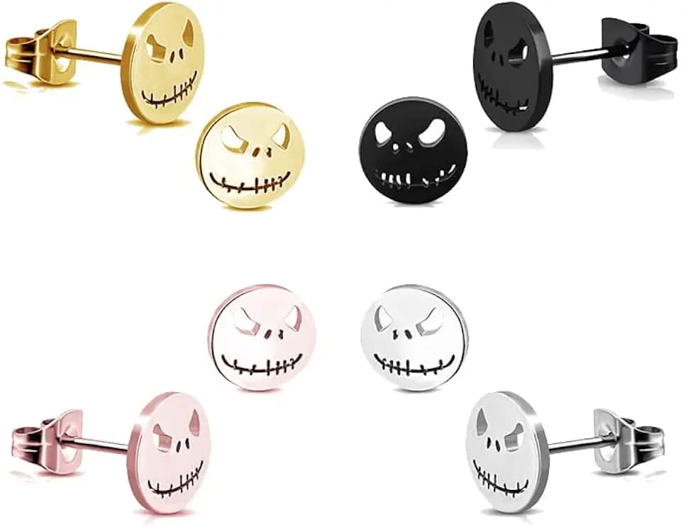 Dreuyet 4 Pairs Stainless Steel Jack Skellington Skull Stud Earrings for Men Halloween Skeleton Head Cut-Out Stud Post Earrings Horror Halloween Atmosphere Studs Jewelry Unisex